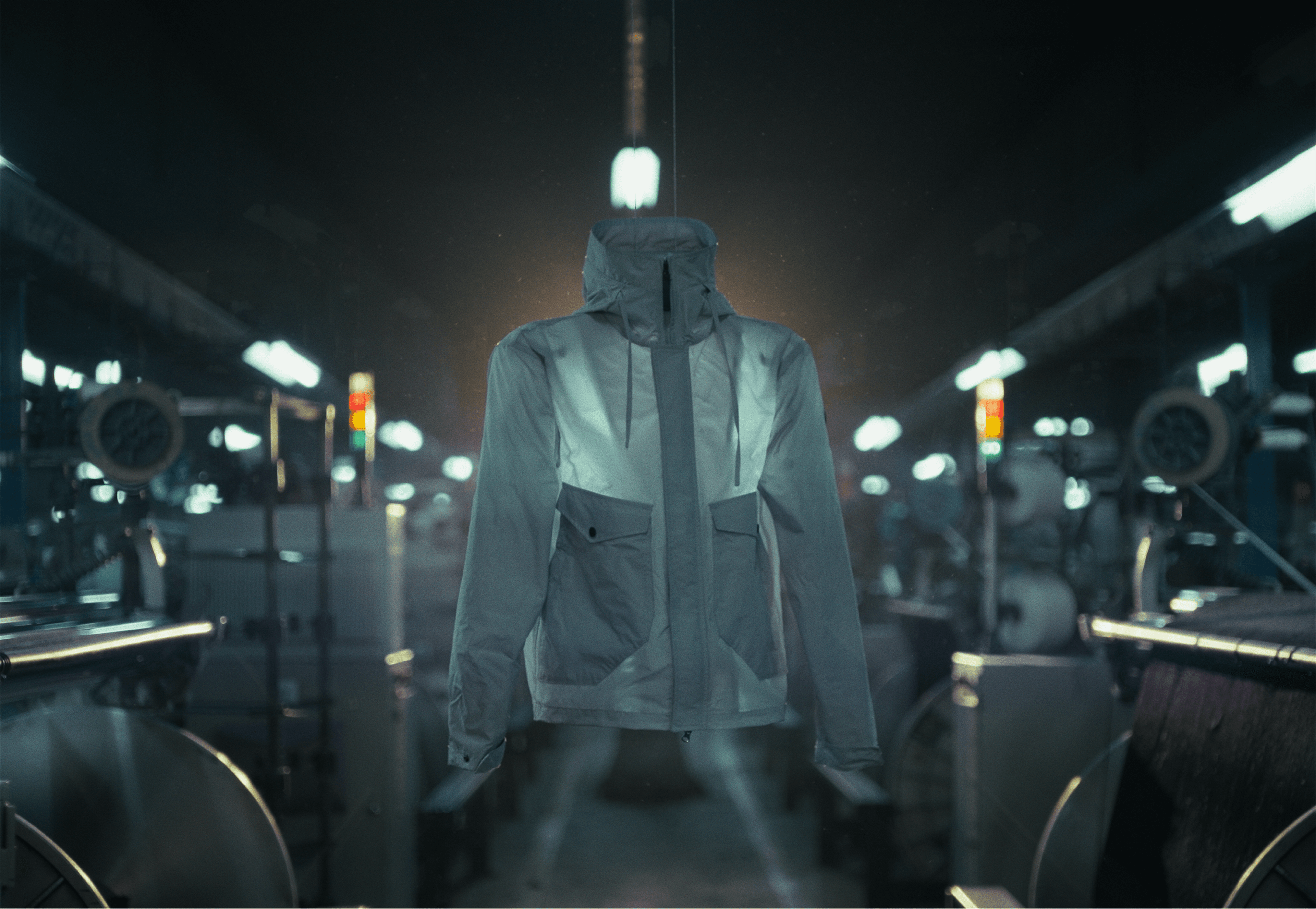 Futuristic laboratory with orange jacket