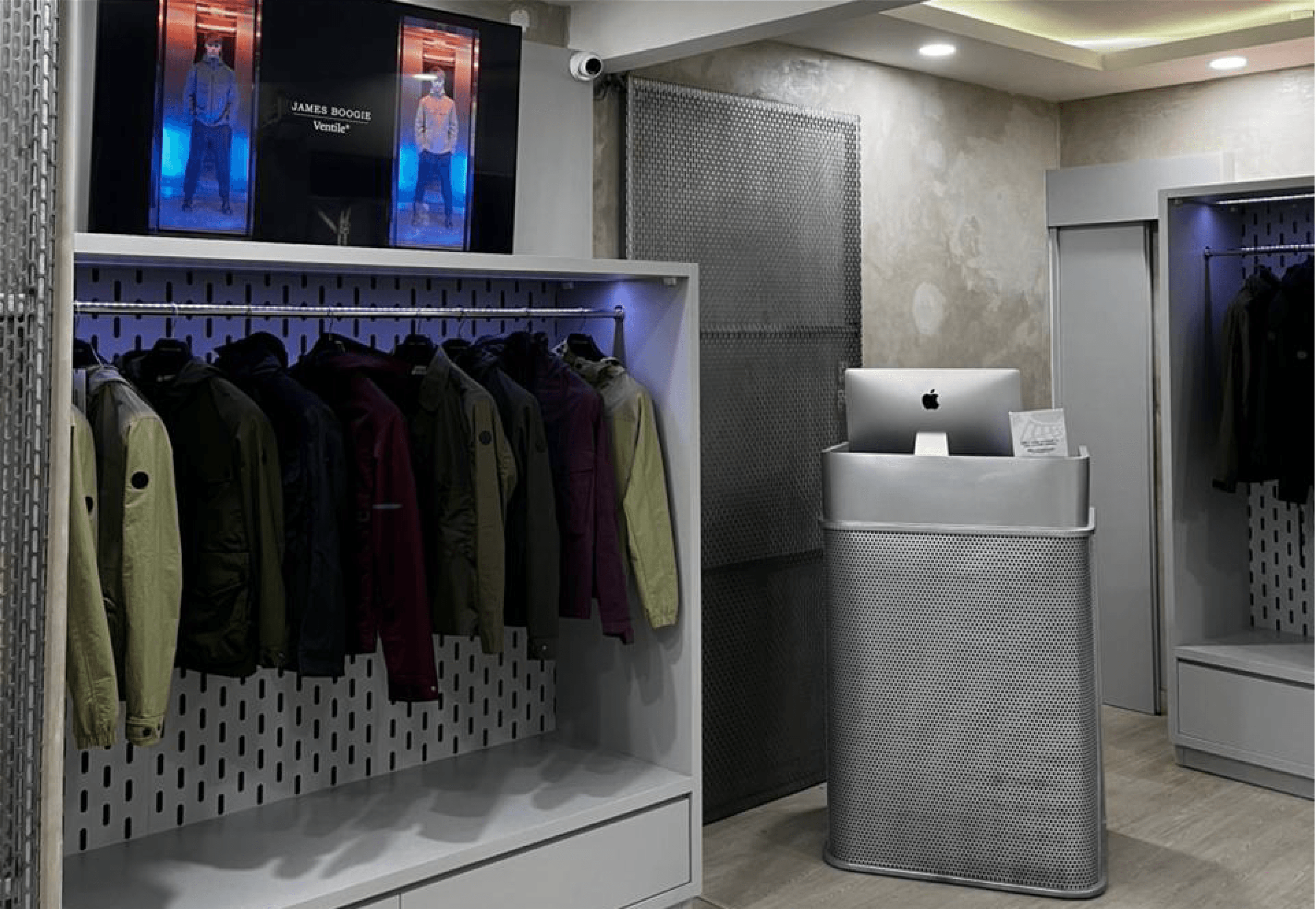 Modern store interior with red accents